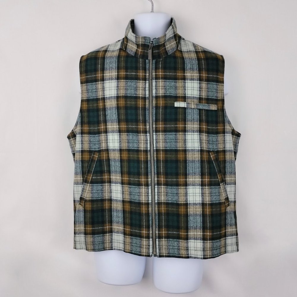 Pendleton Green & Brown Plaid Wool Vest Zip Up Thinsulate Lined Mens Medium